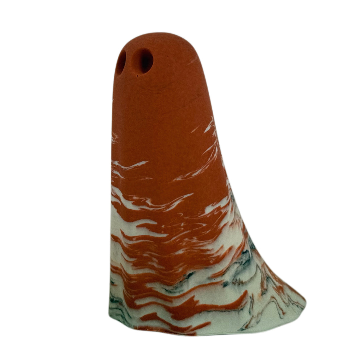 Bran Windfall Ghost figurine, angled side view showing burnt orange marbling across the crown and cream body with charcoal detailing near the base.