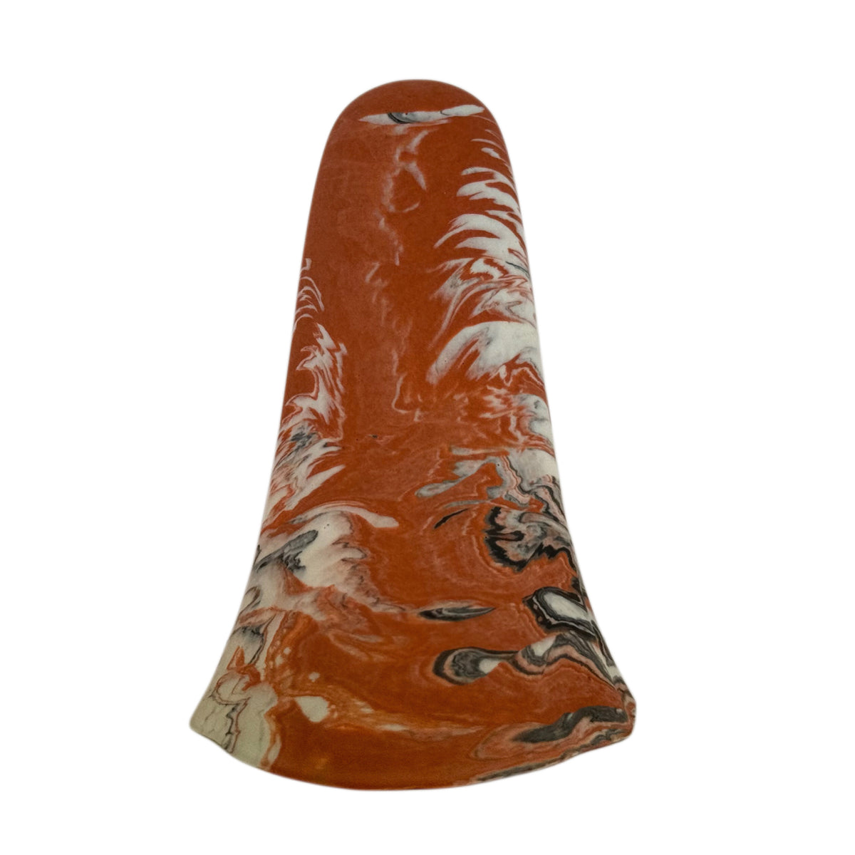 Bran Windfall Ghost figurine, rear angled view showing cream body with burnt orange and charcoal marbling sweeping across the crown and lower edge.