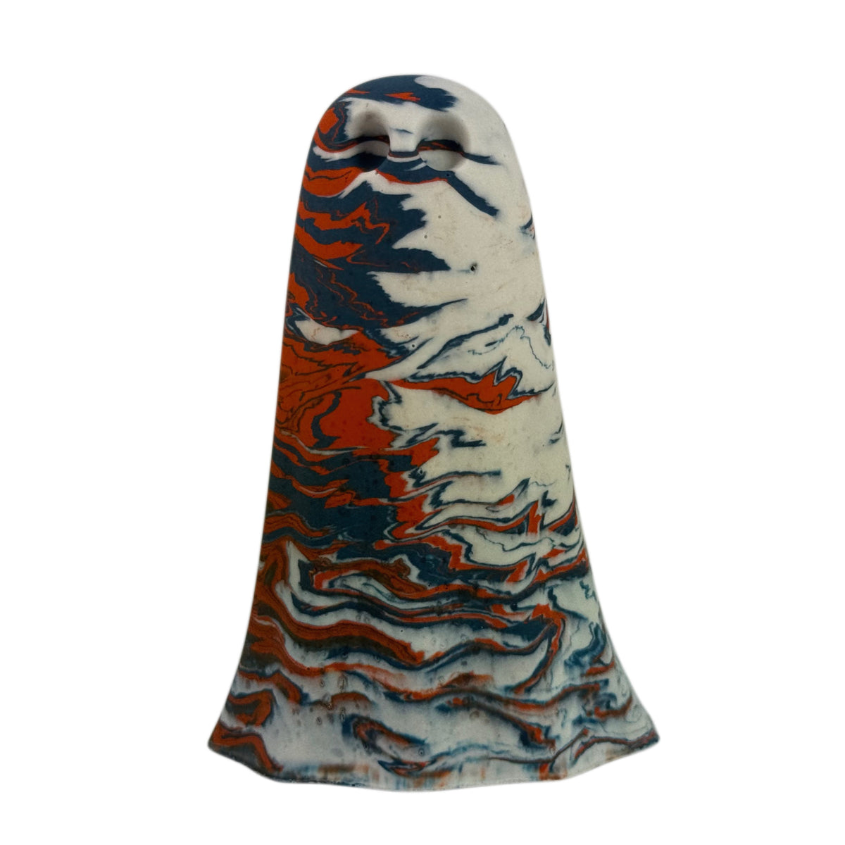 Halrik, Windfall Ghost figurine in old cream, burnt orange and deep blue marbling, front view.