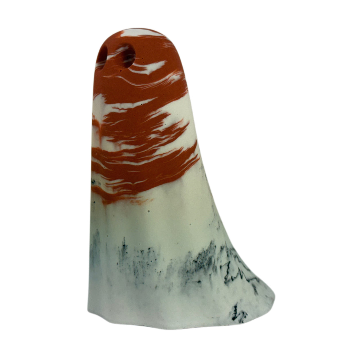 Mie Windfall Ghost figurine, angled side view showing burnt orange banding over cream with dark marbling near the base.