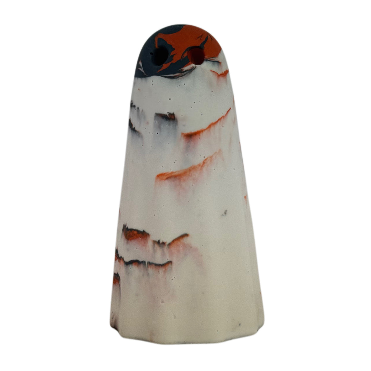 Ossrik, Windfall Ghost figurine in old cream, burnt orange and charcoal-black marbling, front view.