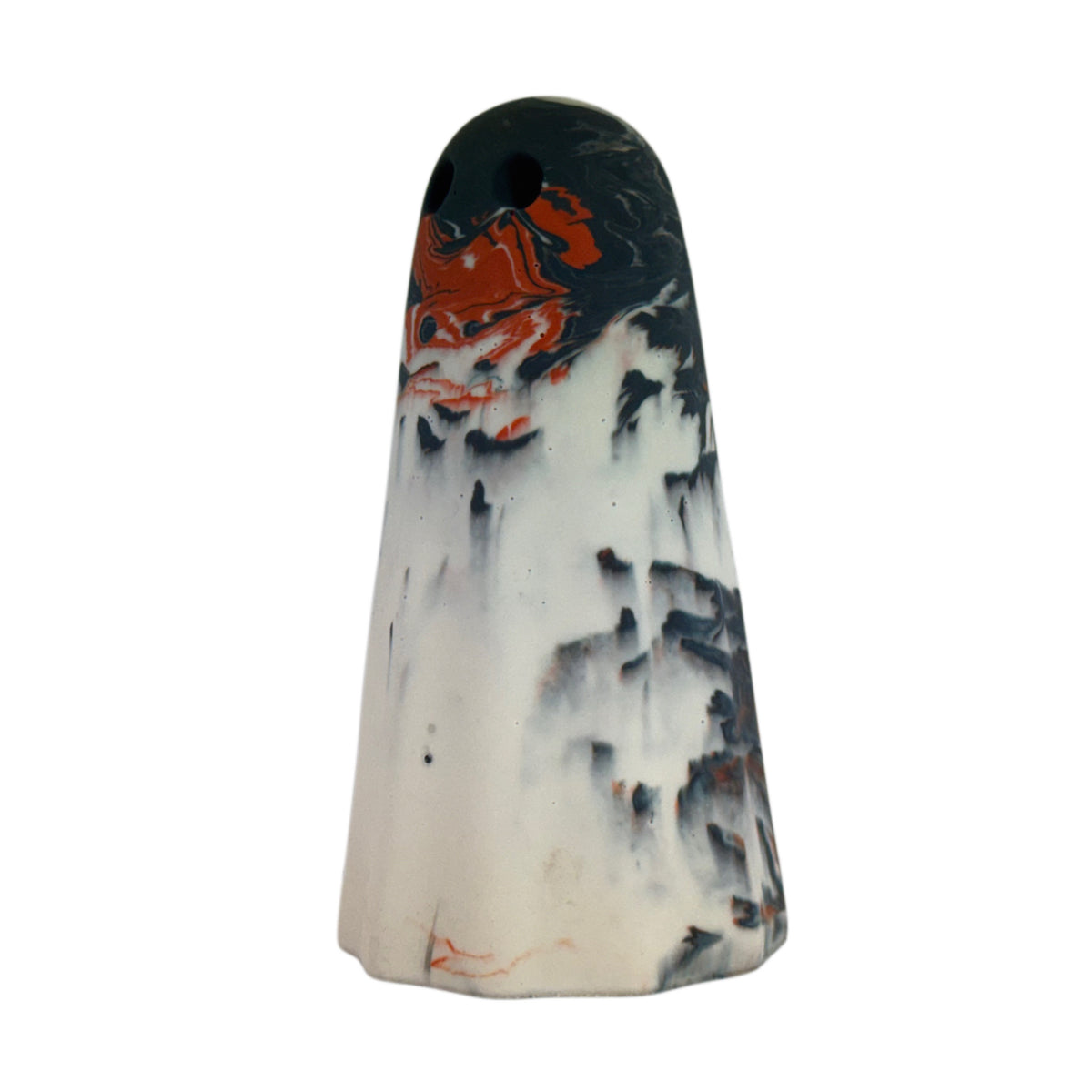Rupert Windfall Ghost figurine, angled side view showing a dark charcoal crown with burnt orange markings over a pale cream body.