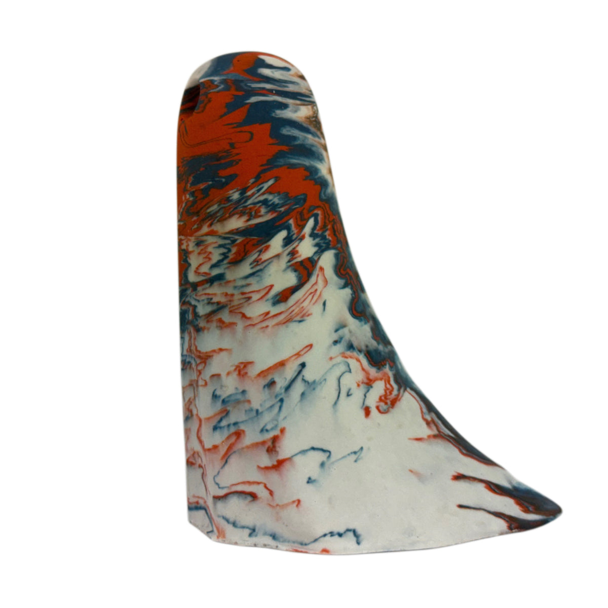 Varden Windfall Ghost figurine, side view showing cream body with fine burnt orange and deep blue marbling sweeping down from the crown.