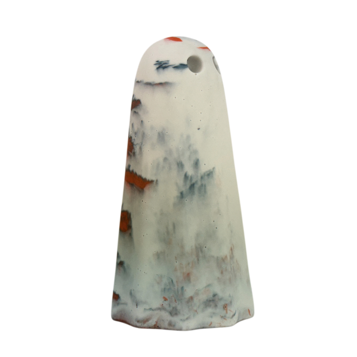 Vargrim Windfall Ghost figurine, angled side view showing old cream with smoky charcoal marbling and small burnt orange accents near the base and crown.