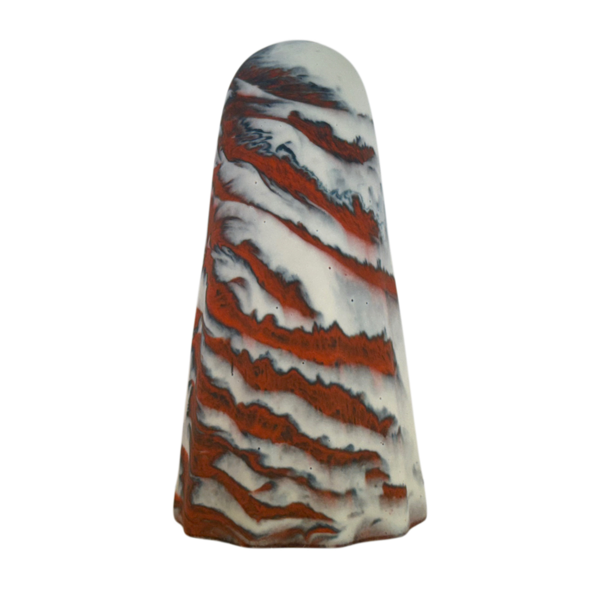 Vargrim Windfall Ghost figurine, rear view showing pale cream body with subtle charcoal haze and burnt orange stripes across the back.