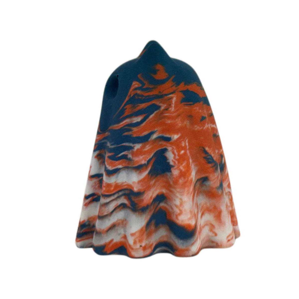 Cornelius Windfall ghost cat figurine, side view showing layered navy, burnt orange and cream marbling with soft charcoal undertones.