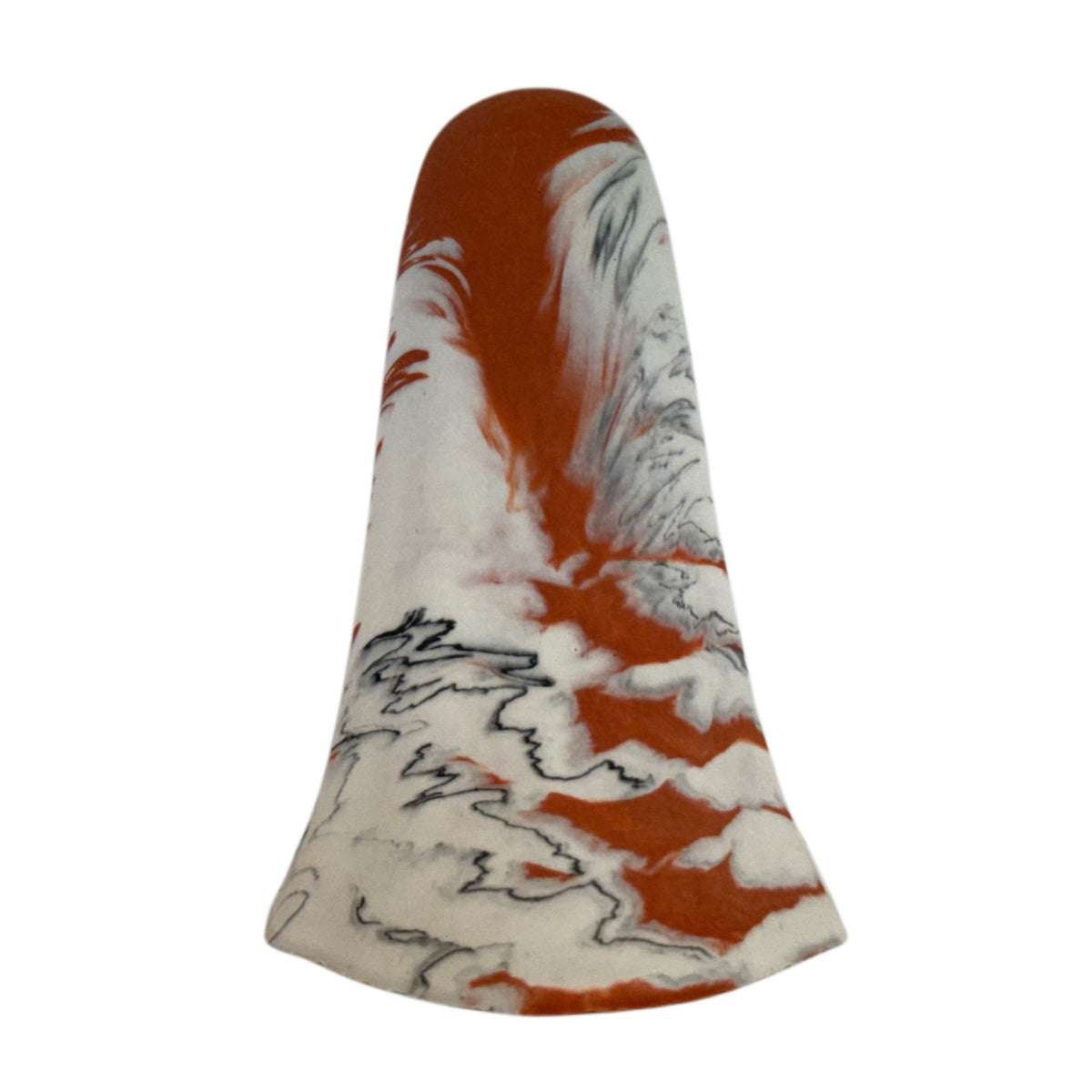 Asta Windfall Ghost figurine, rear angled view showing sweeping burnt orange marbling over a cream body with delicate charcoal detailing along the lower edge