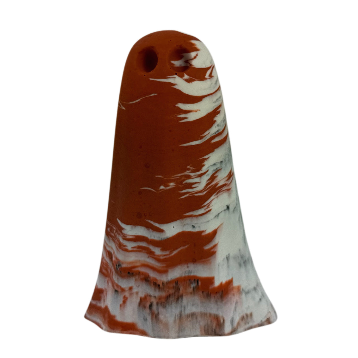 Sophia, handmade Windfall Ghost figurine in burnt orange, cream and charcoal marbled finish, front view.