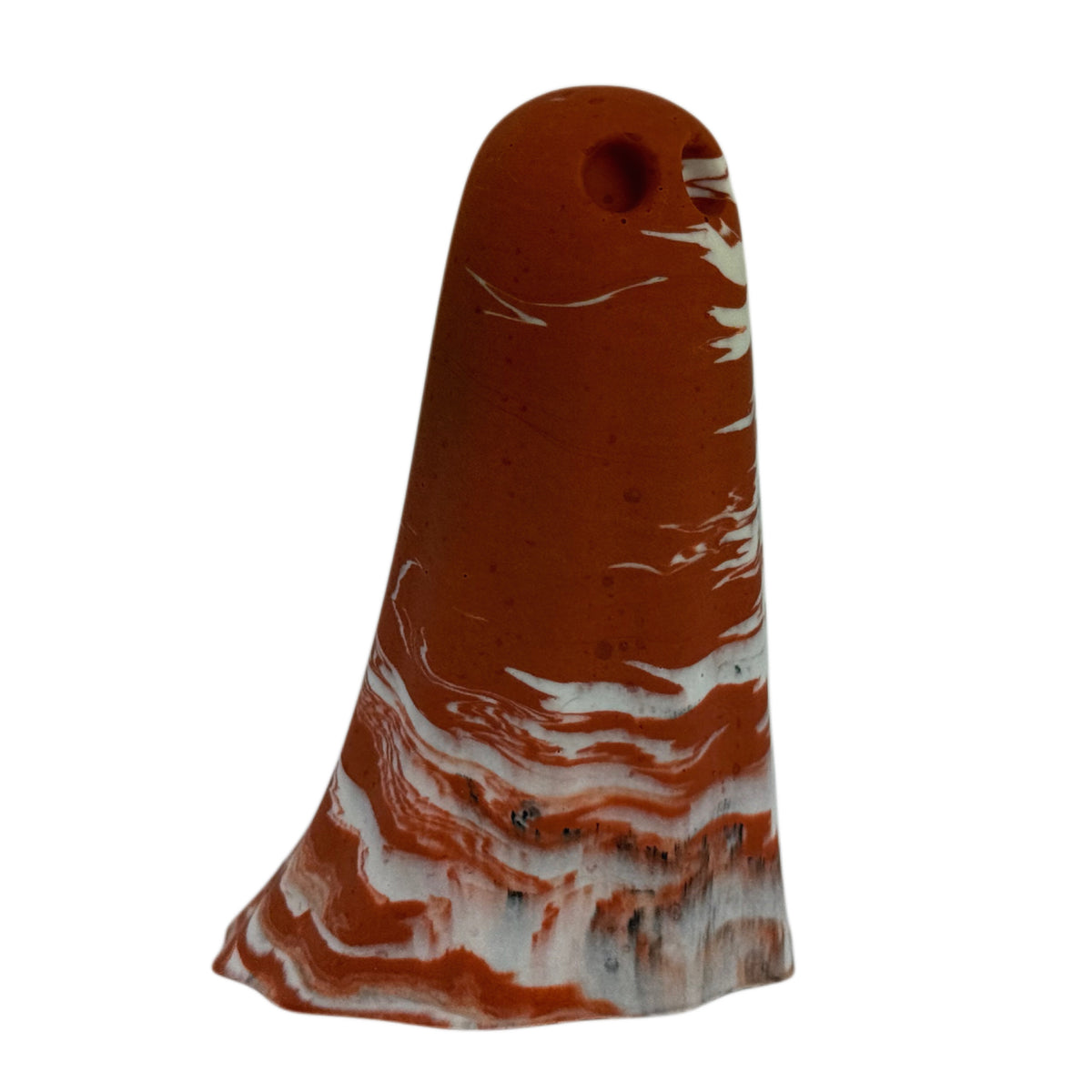 Sophia Windfall Ghost figurine, angled side view showing burnt orange marbling across the crown and cream body with charcoal detailing near the base.
