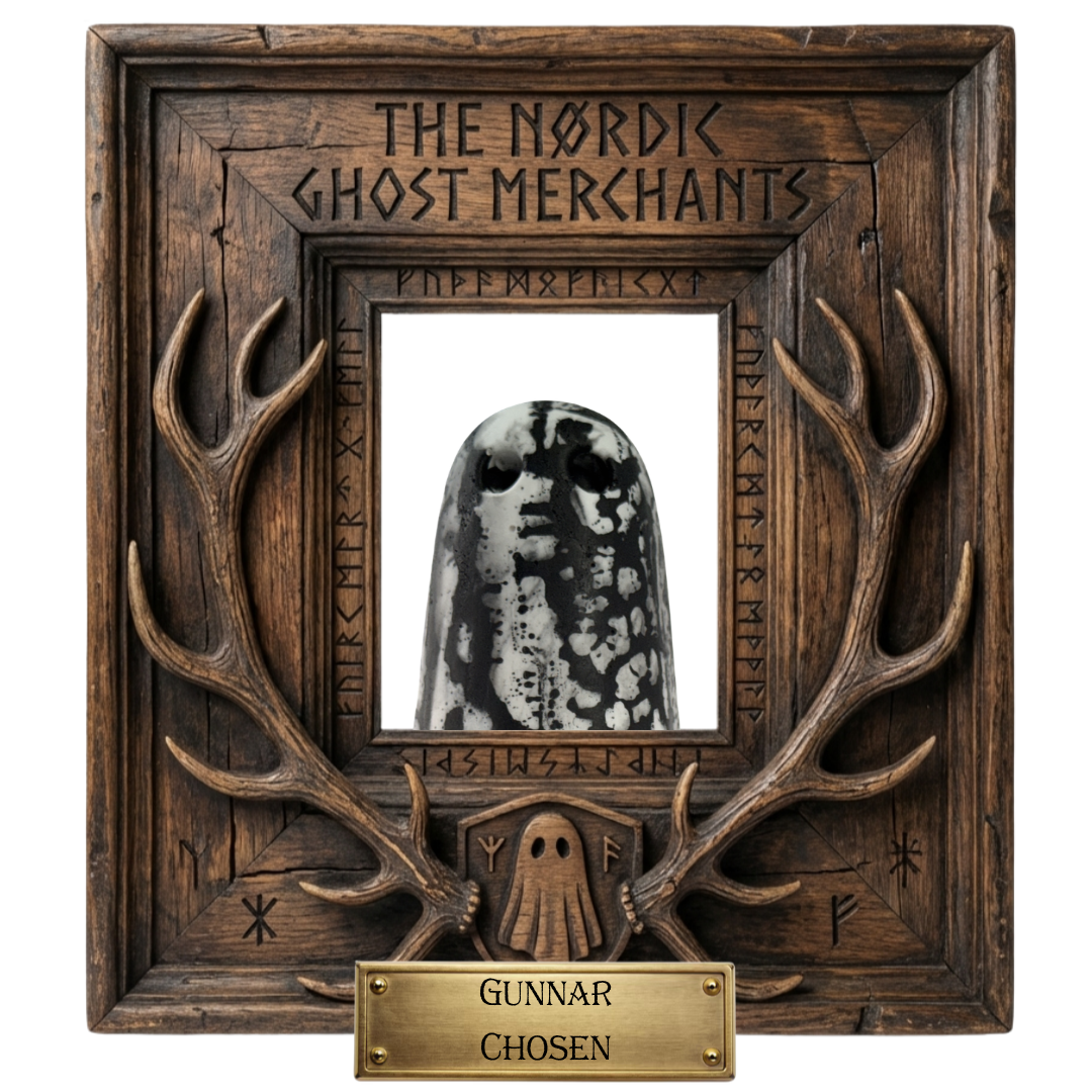 The headshot of a small ghost figurine by The Nordic Ghost Merchants, in an ornate wooden frame