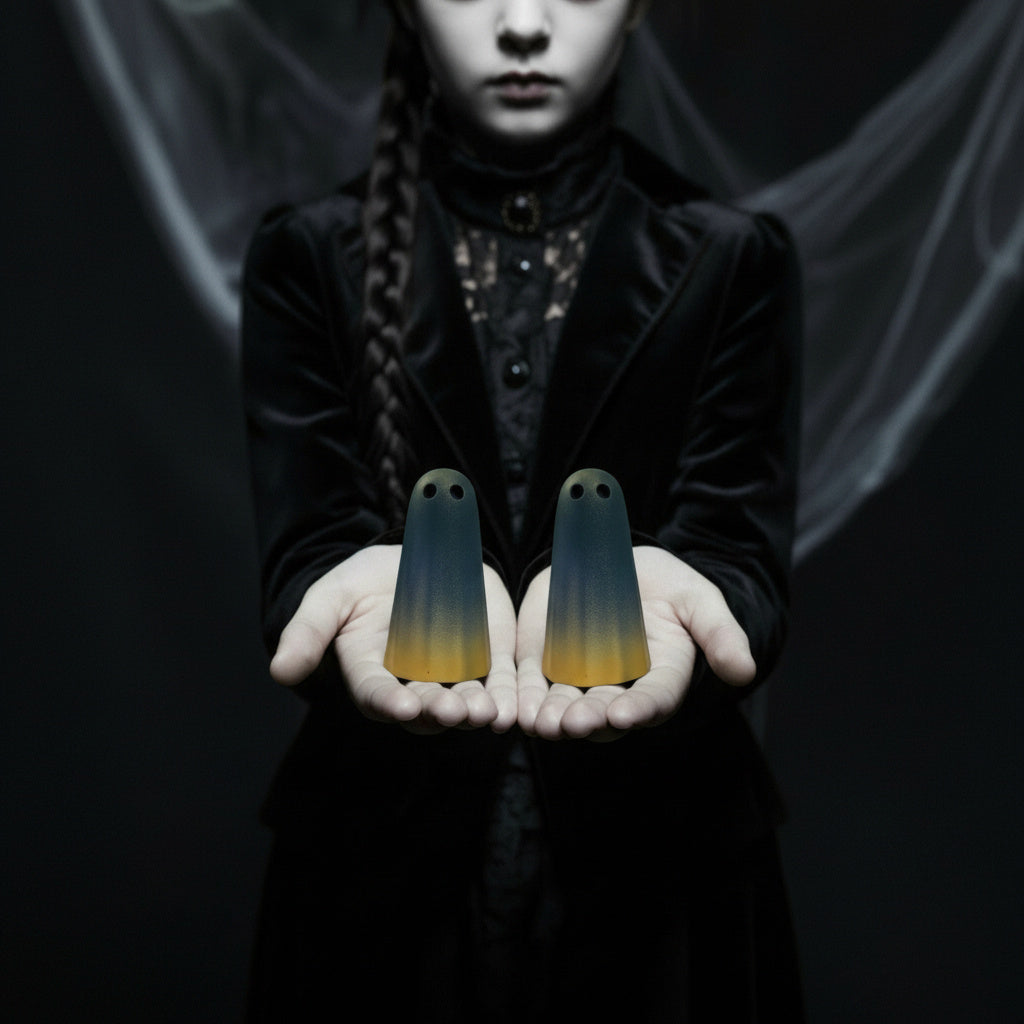 Handmade ghost figurines from The Nordic Ghost Merchants. The ghosts are coloured like lanterns burning in the dark.