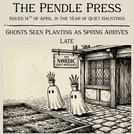 A 1600s woodcut style image of two ghost figurines carrying plant pots on their head