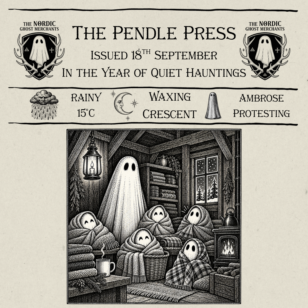 A 1600s, woodcut style newspaper page called The Pendle Press by The Nordic Ghost Merchants. A black ink, woodcut image shows a group of sheet ghosts, happily wrapped in woollen blankets.