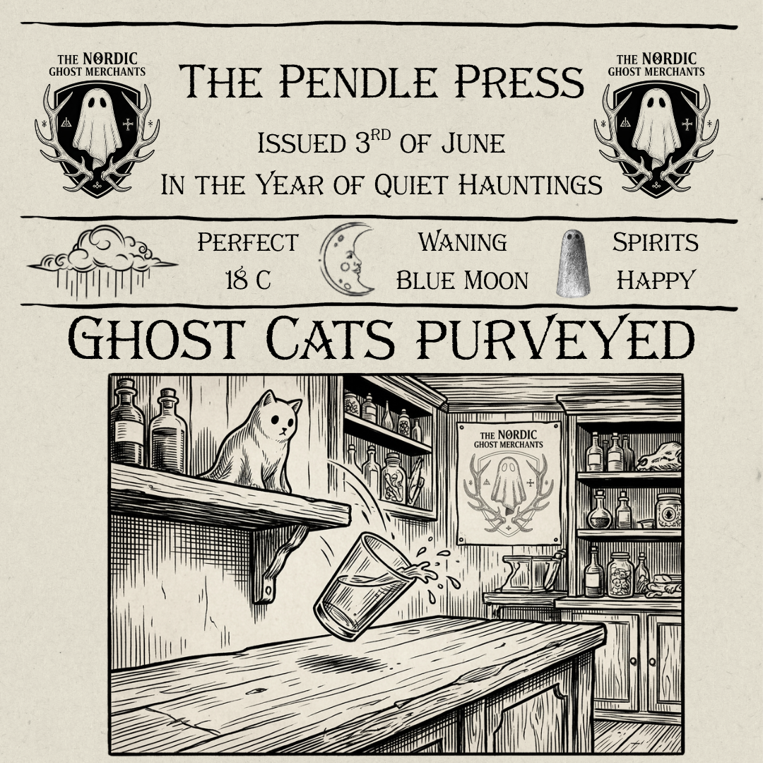 A woodcut style image of a ghost cat pushing a glass of water off a shelf at The Nordic Ghost Merchants