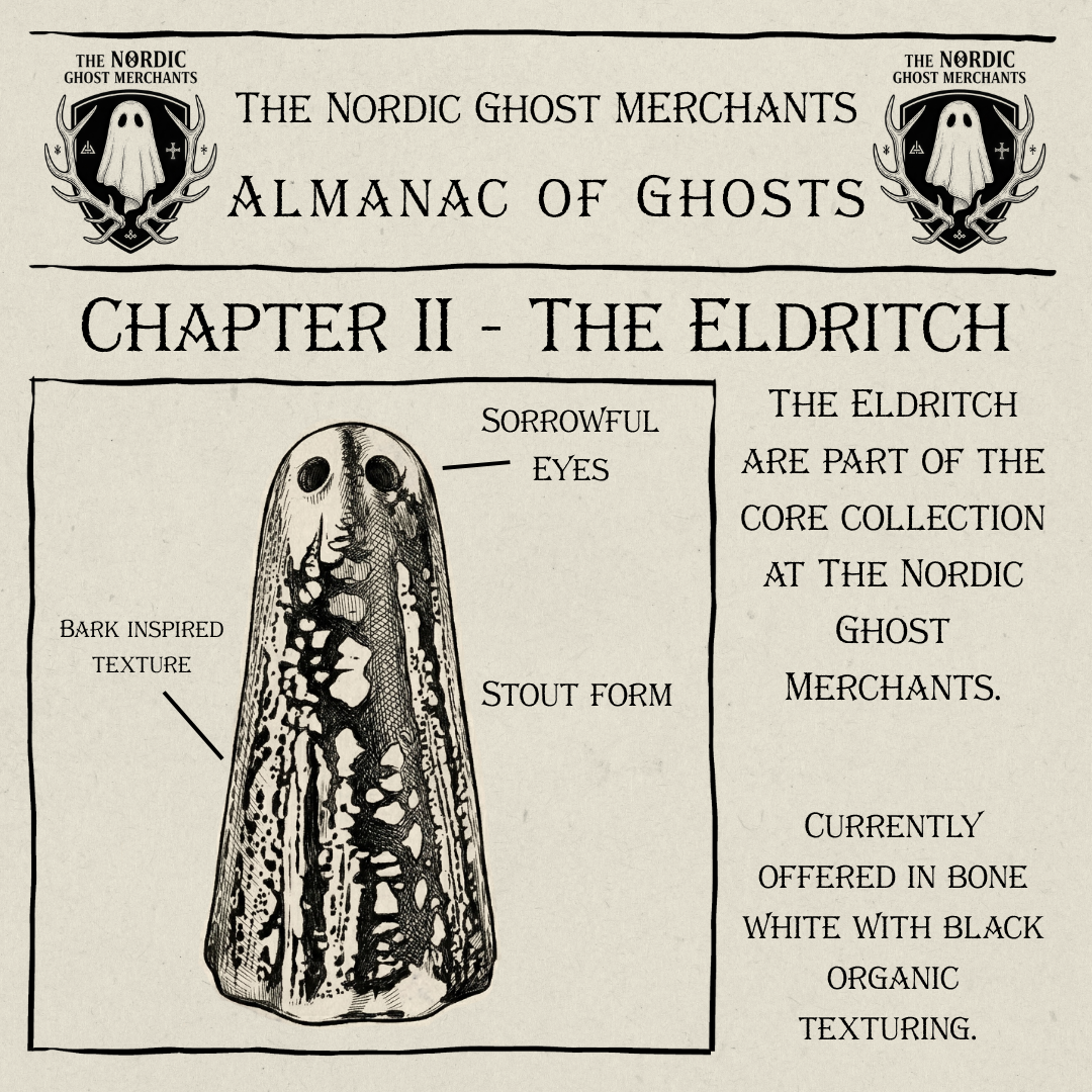 An ink drawing of a ghost figurine called The Eldritch, by The Nordic Ghost Merchants.