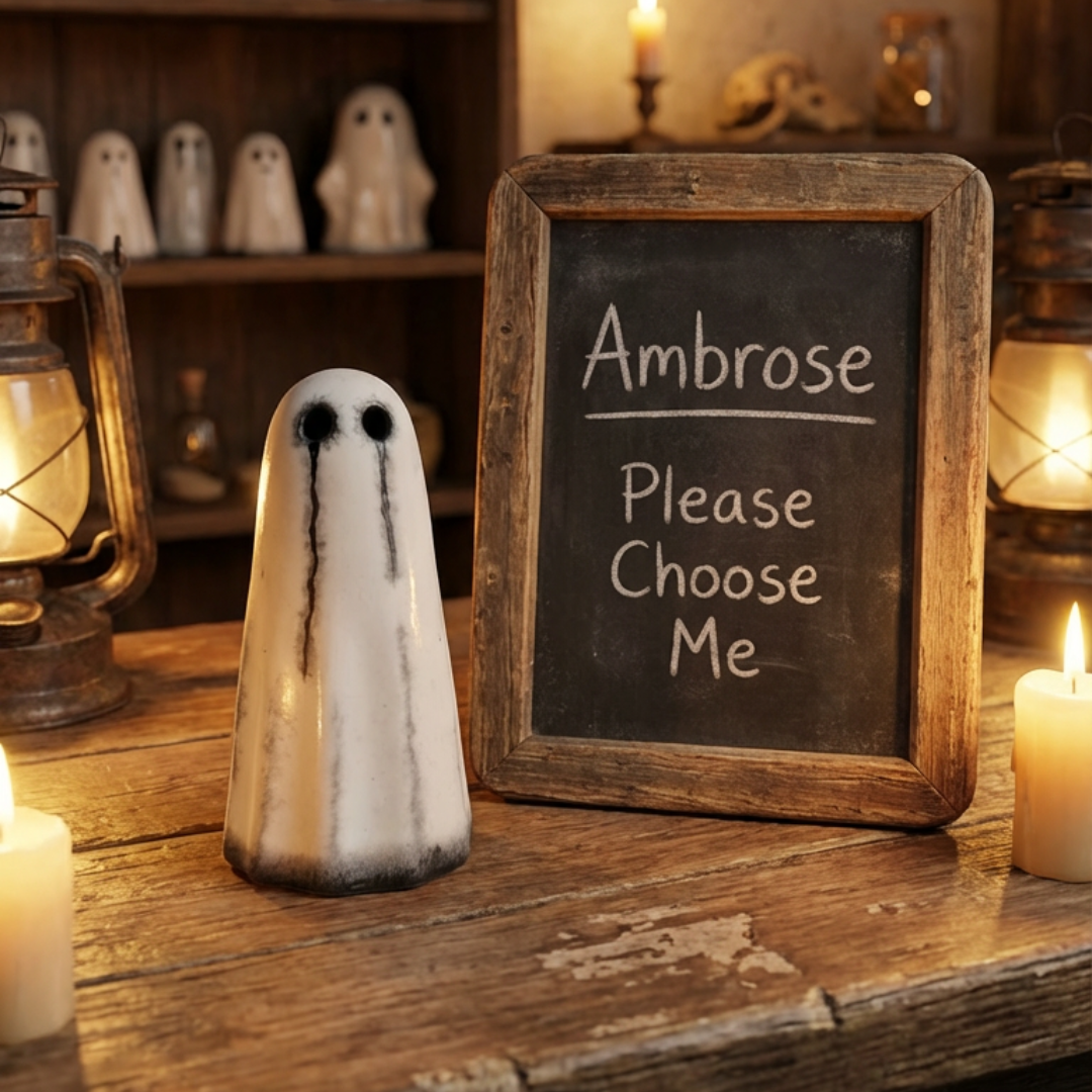 White crying eyed handmade ghost figurine by The Nordic Ghost Merchants