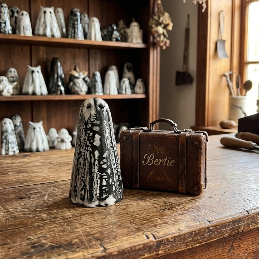A black and white marbled ghost figurine by The Nordic Ghost Merchants.