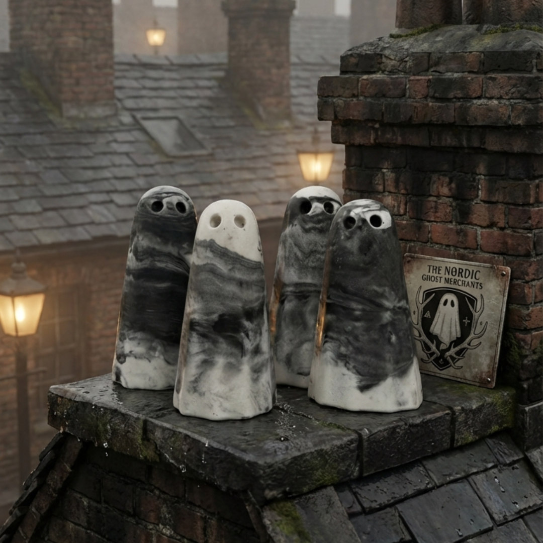 Four grey and white marbled ghost figurines by The Nordic Ghost Merchants. The ghosts are on top of a Victorian London roof top