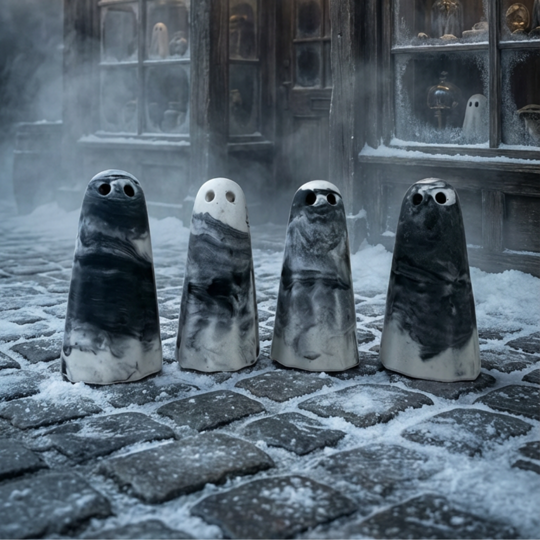 Black and white marbled handmade ghost figurines by The Nordic Ghost Merchants
