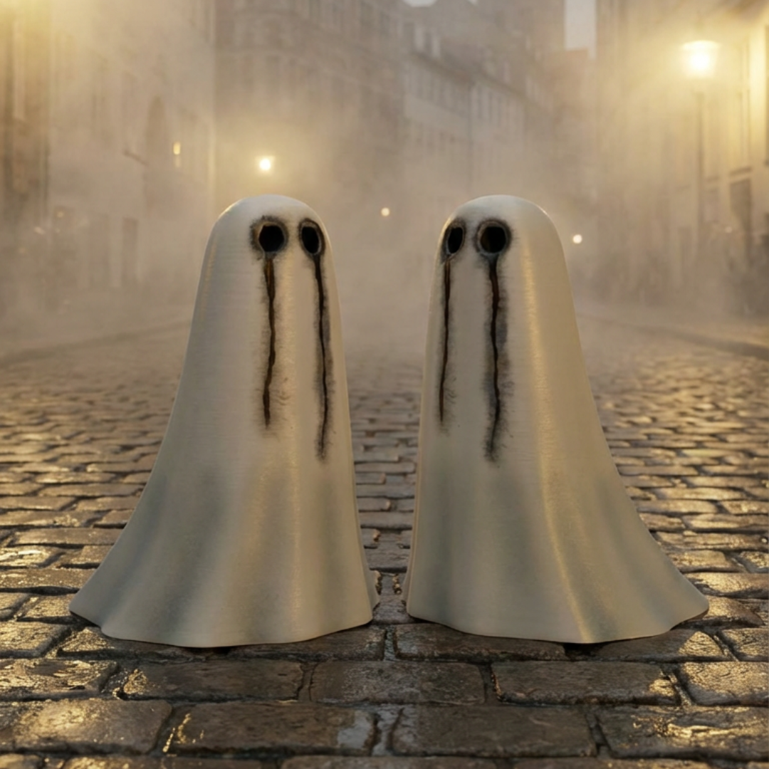 A pair of ivory coloured handmade ghost figurines by The Nordic Ghost Merchants.