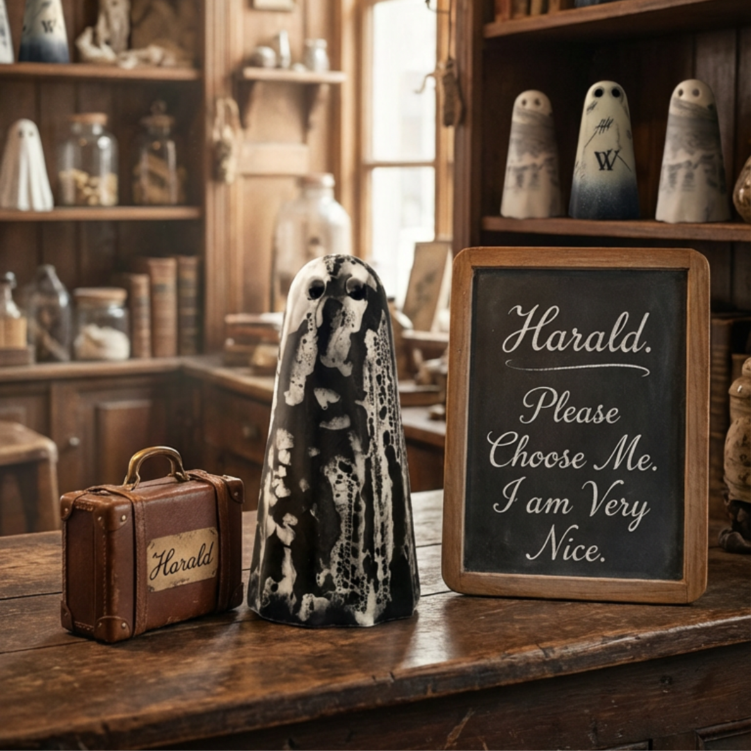 A black and white marbled ghost figurine by The Nordic Ghost Merchants. Next to the ghost is a suitcase with his name and a chalkboard reading "Please Choose Me."