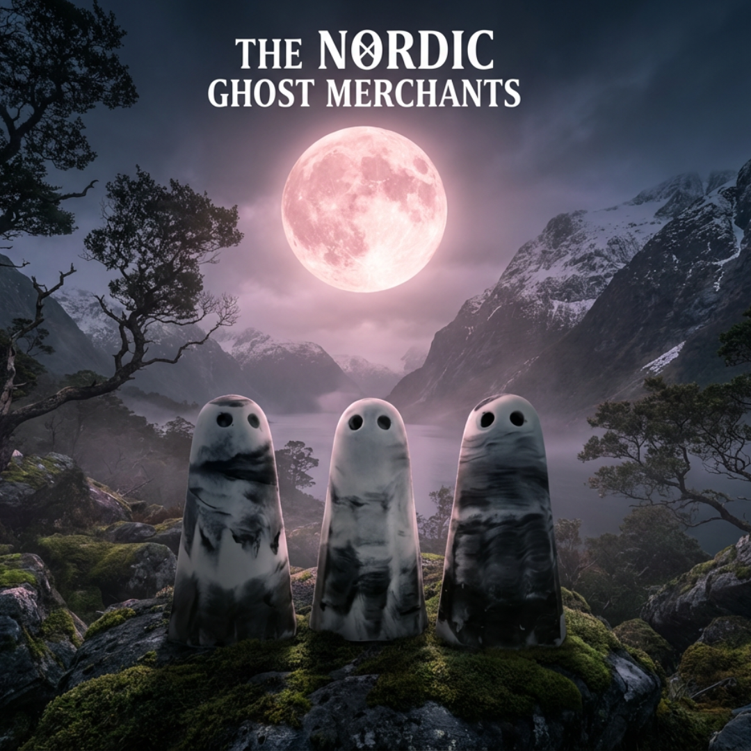 Black and white marbled ghost figurines under a pink moon