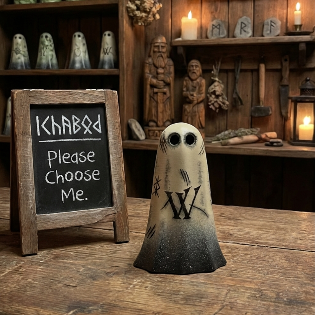 A cream and black handmade ghost figurine engraved with runes and witch marks