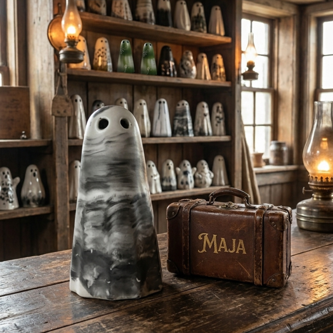 A black and white marbled ghost figurine by The Nordic Ghost Merchants