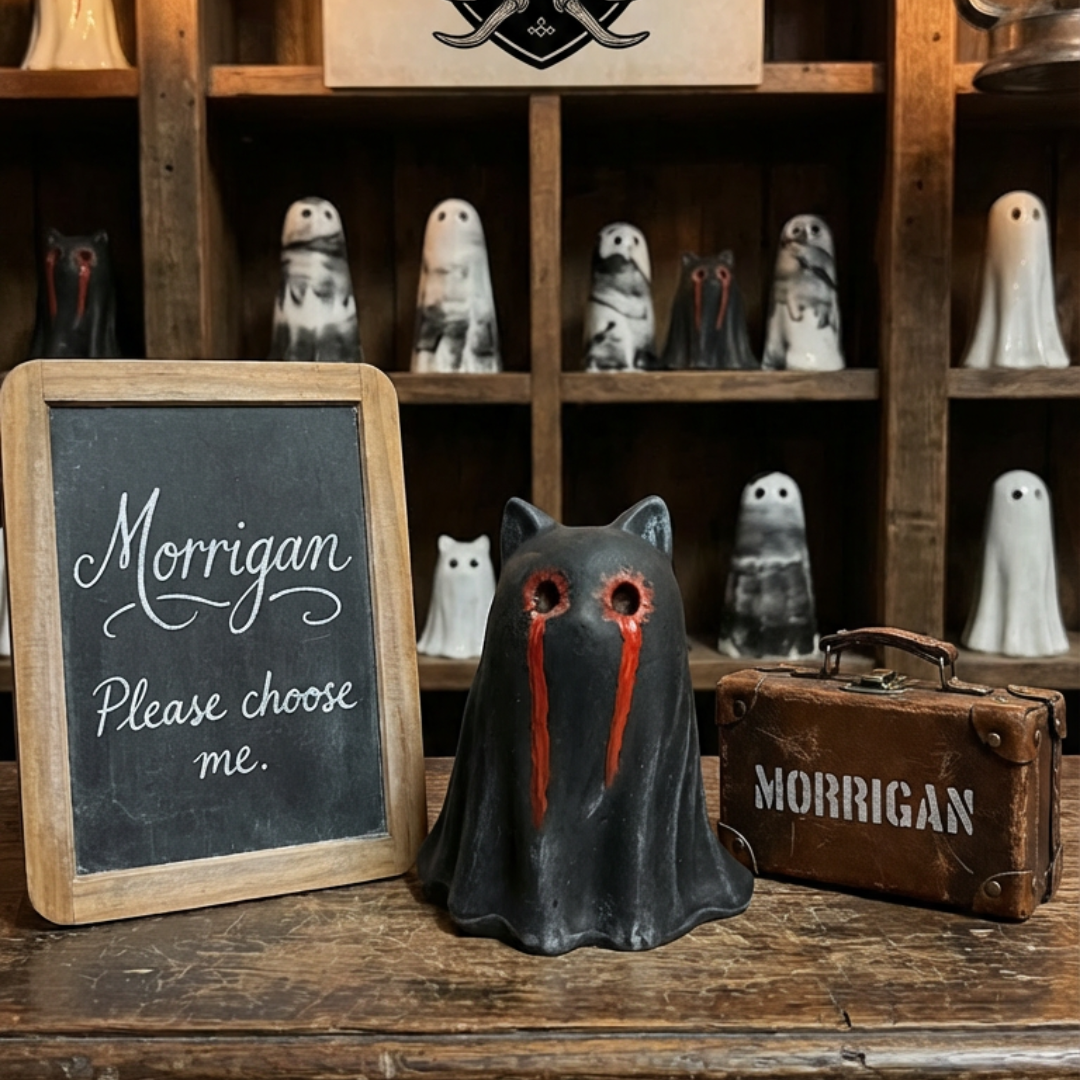A black handmade ghost figurine with red teary eye details by The Nordic Ghost Merchants