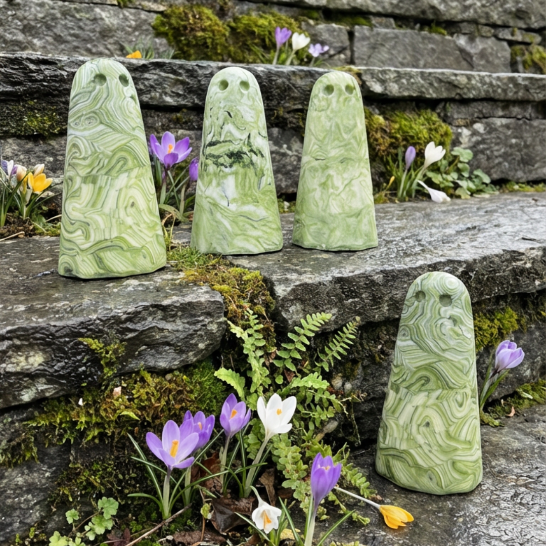 A group of green and white marbled handmade ghost figurines, standing on old stone steps