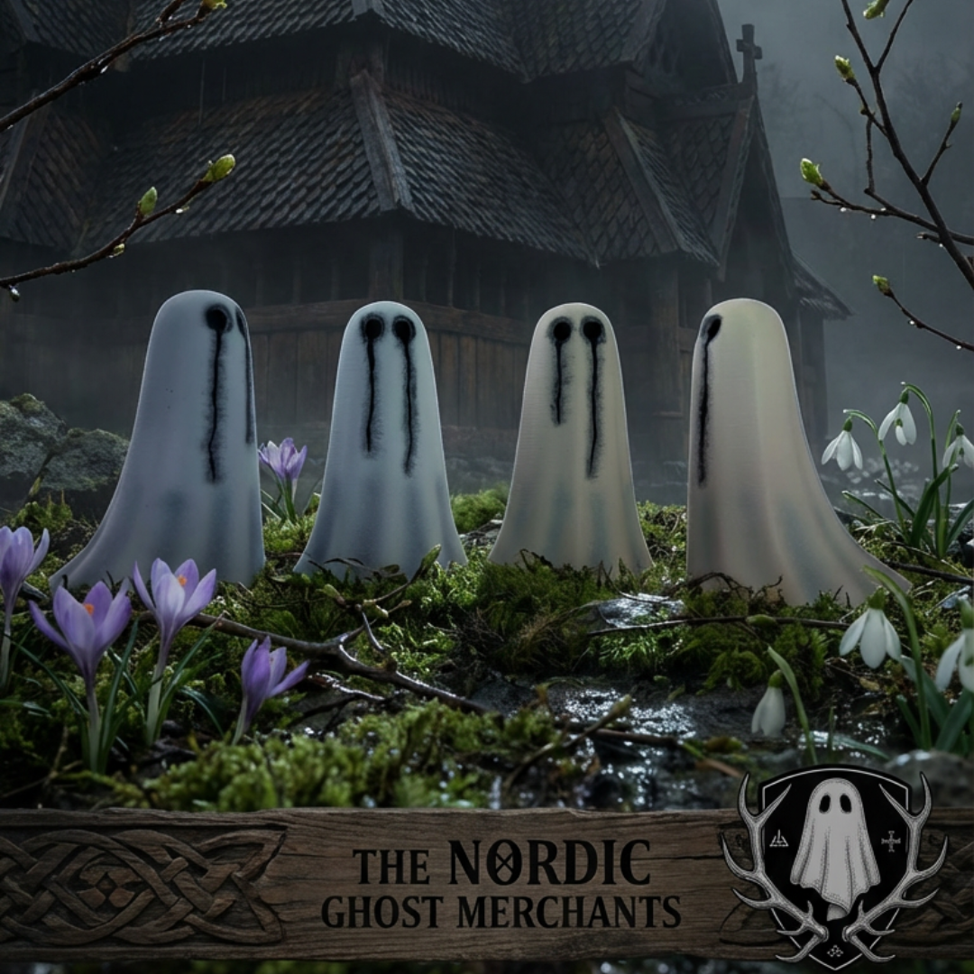 A group of white handmade ghost figurines in front of an old Norse church.