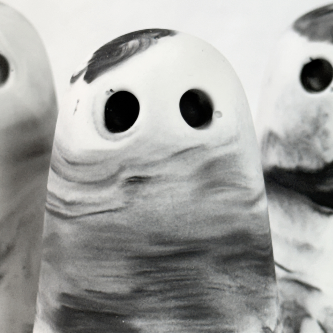 Black and white collectible ghost figurines by The Nordic Ghost Merchants