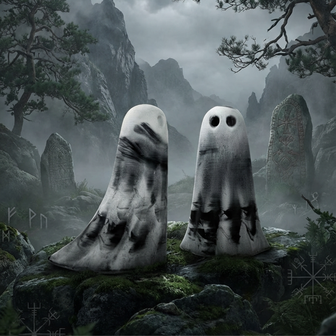 Black and white ghost figurines in a Nordic landscape.