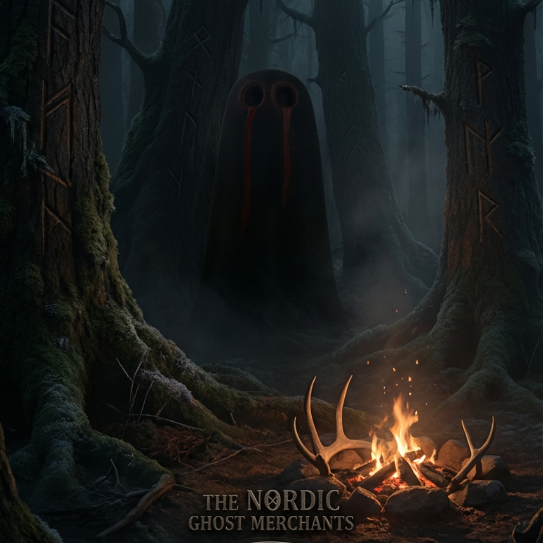 A shadowy image of a handmade ghost figurine by The Nordic Ghost Merchants. The figurine is mostly hidden in shadows, red eyes just visible.