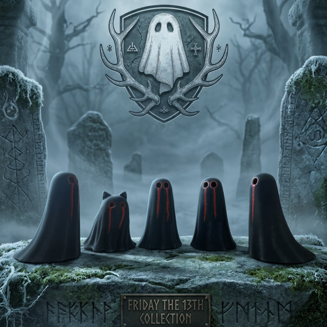 A group of ghost figurines by The Nordic Ghost Merchants. The ghosts are black, with dark red crying eye details, in a folklore background.