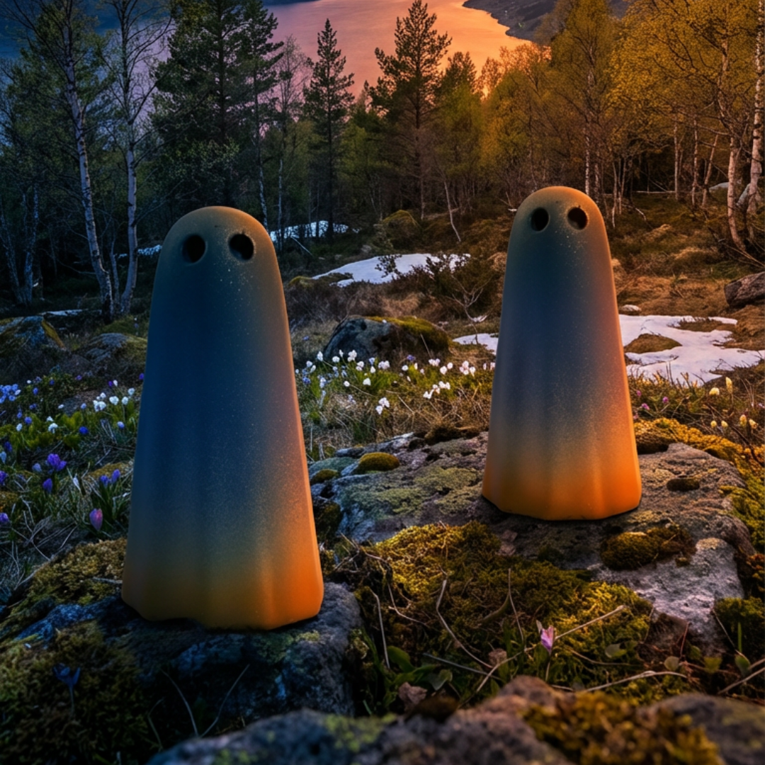 Two handmade ghost figurines by The Nordic Ghost Merchants. The ghosts are standing on a rocky hillside at sunset
