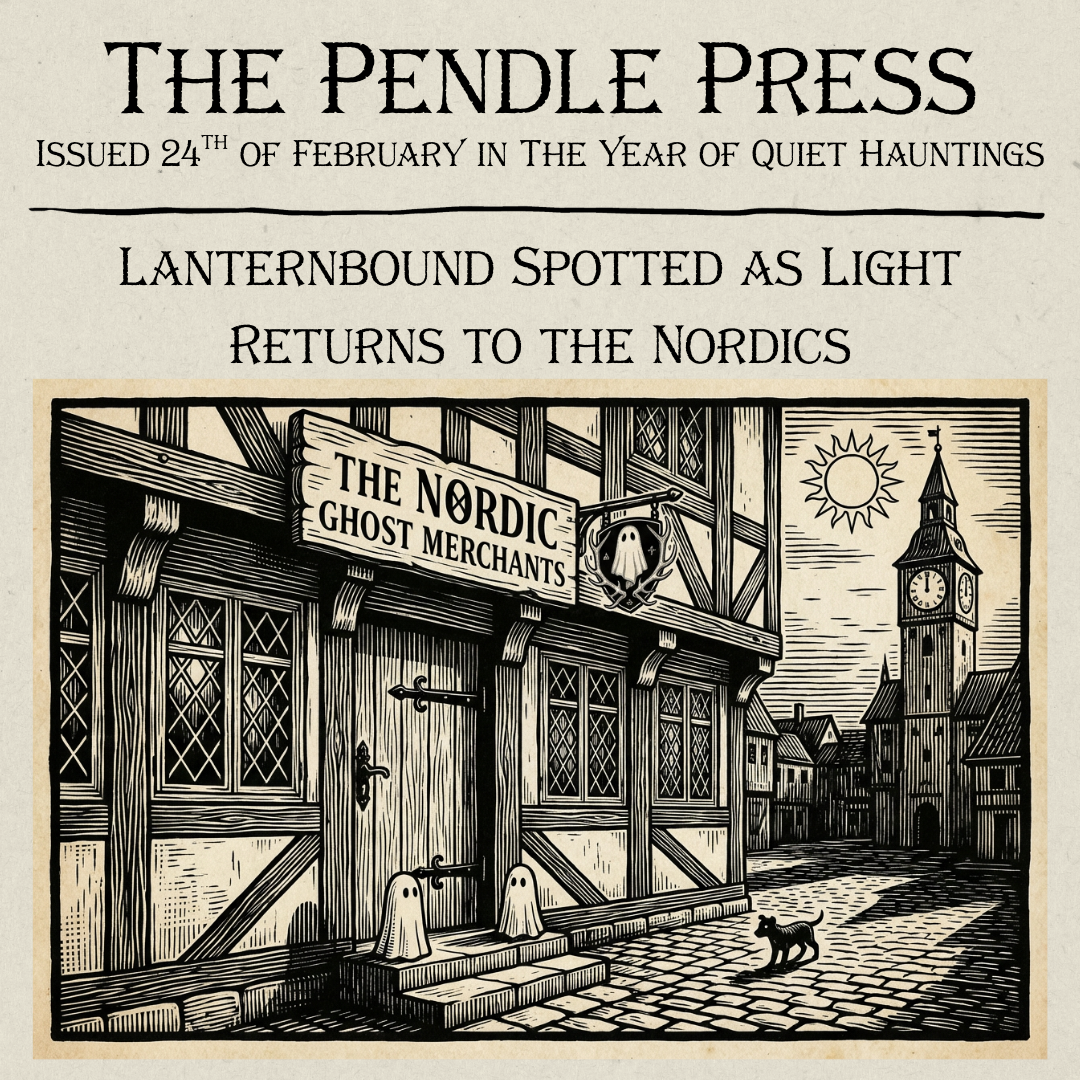 A wood block style image of two small ghost figurines standing outside an old ghost merchant store.