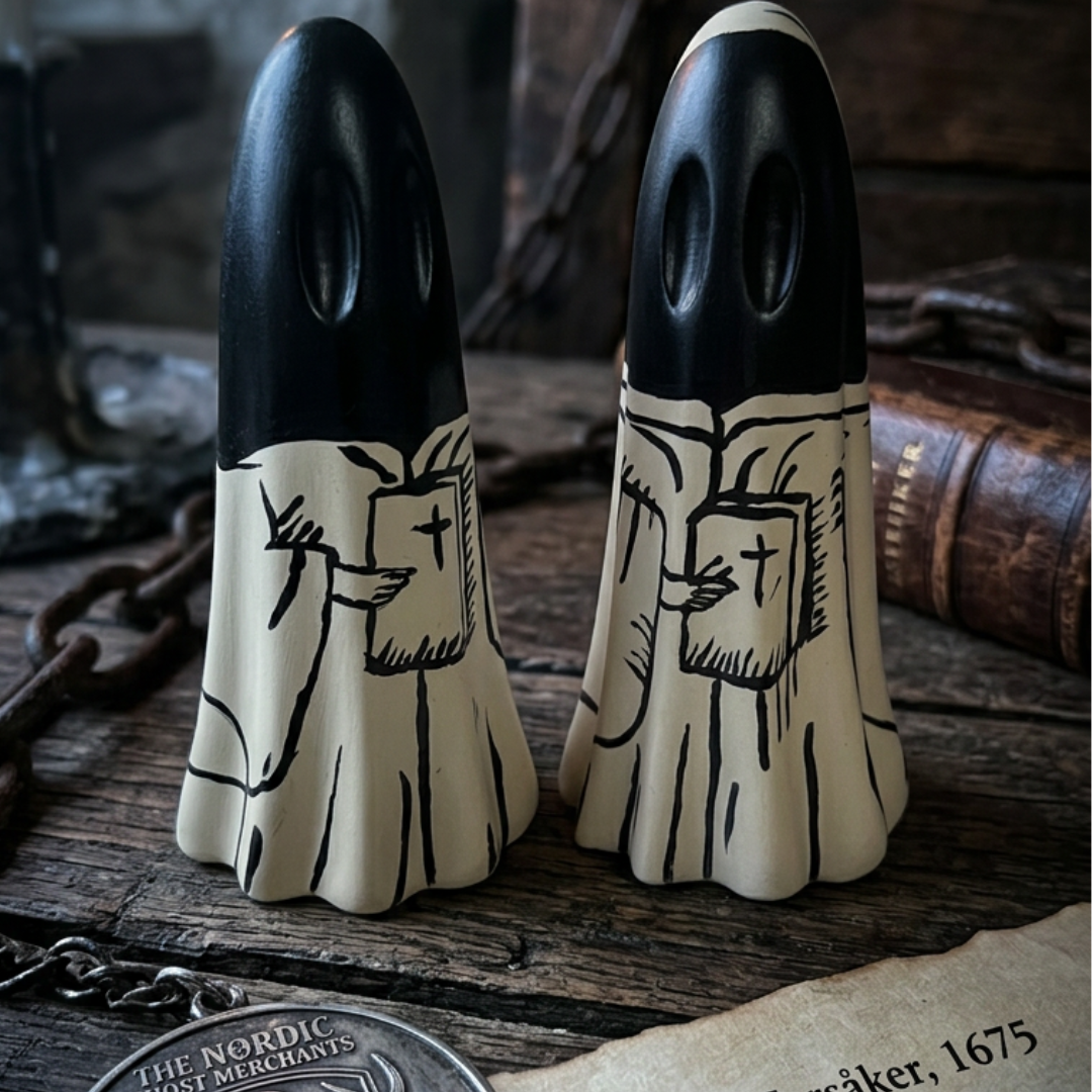 Handmade ghost figurines dressed in medieval robes