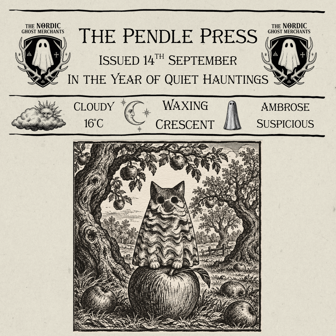 A 1600s woodcut style newspaper called The Pendle Press. An image shows a ghost cat figurine sitting on an apple under a gnarled tree.
