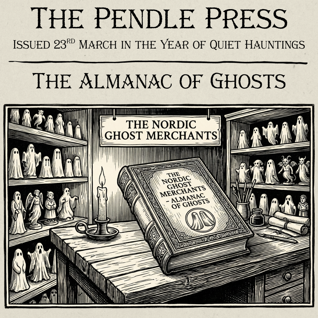A leather-bound tome entitled An Almanac of Ghosts by The Nordic Ghost Merchants