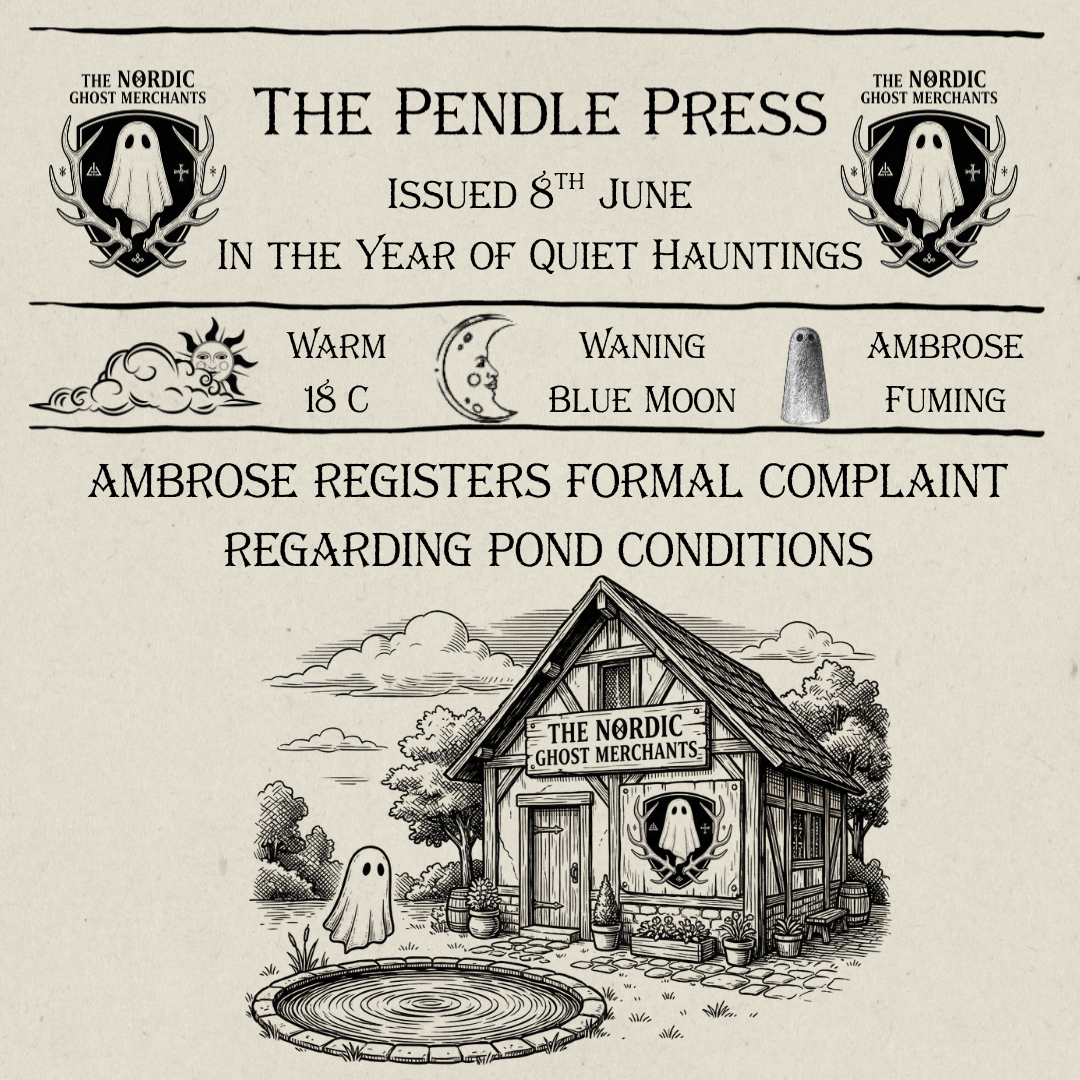 A woodcut style image of a small ghost, examining a pond outside of The Nordic Ghost Merchants
