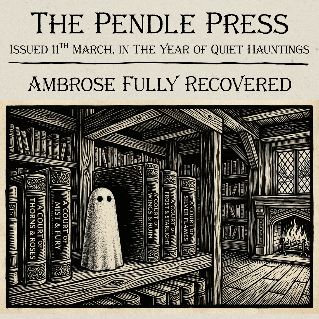 A 1600s woodcut style image of a small ghost figurine on a shelf, between leatherbound books.