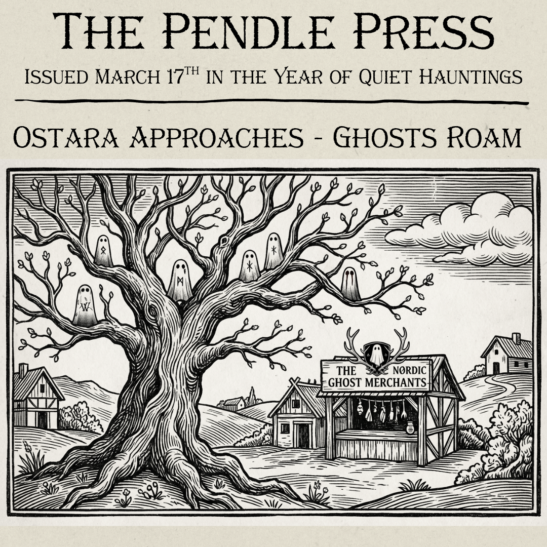 A faux newspaper article reporting ghost figurines from local ghost merchants store have invaded a great oak tree