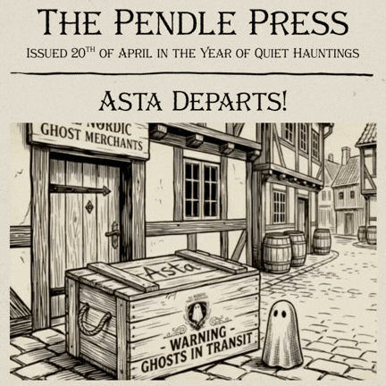 An old wooden shipping crate with "Warning Ghosts in Transit" written on it. Next to it is a small ghost figurine.