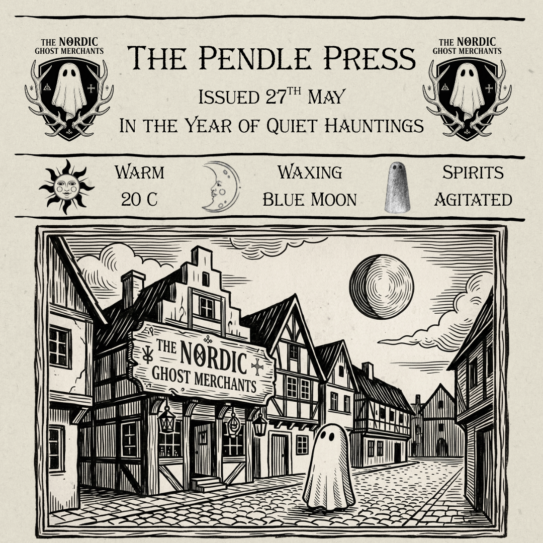 1600s woodcut image of a small ghost looking up at a nearly full moon outside of The Nordic Ghost Merchants