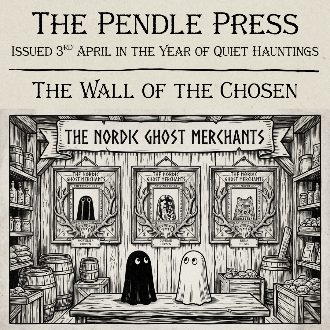 Two small ghost figurines stare up at a wall of ghost portraits. The image is styled like an old newspaper or manuscript