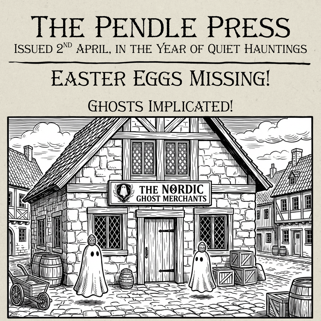 A 1600s woodcut style image of small ghost figurines with Easter Eggs on their heads