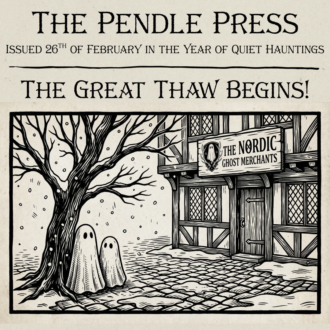 A wood block image of two handmade ghost figurines. They're standing under a tree, outside a ghost merchant store called The Nordic Ghost Merchants