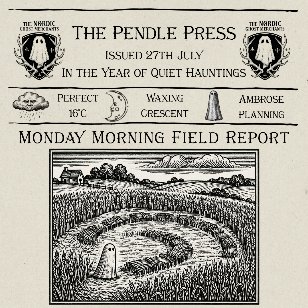 A 1600s woodcut image of a crop circle in a wheat field. A small sheet ghost is looking at it.