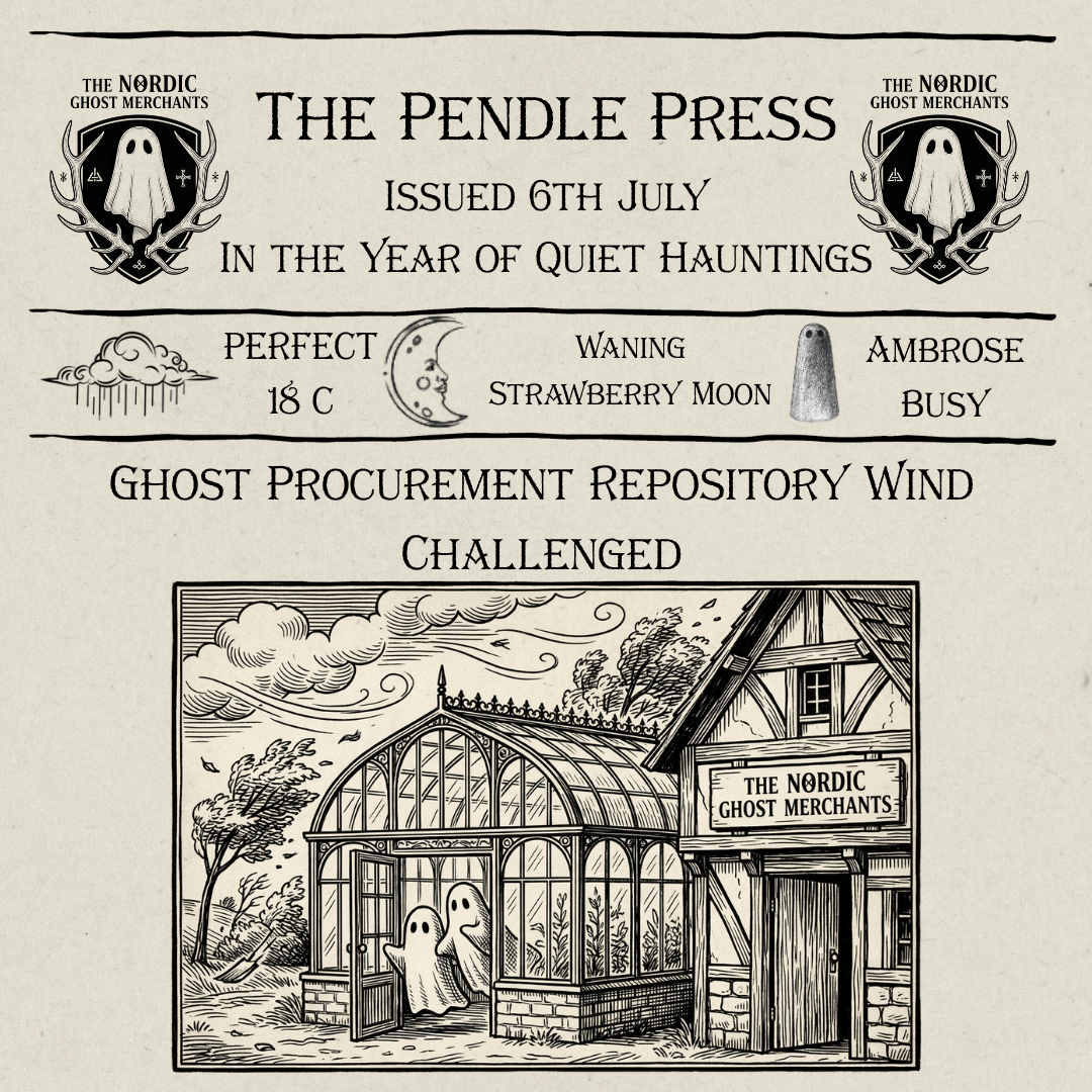 A 1600s woodcut style image of ghosts sheltering from the wind in a Victorian greenhouse outside of The Nordic Ghost Merchants